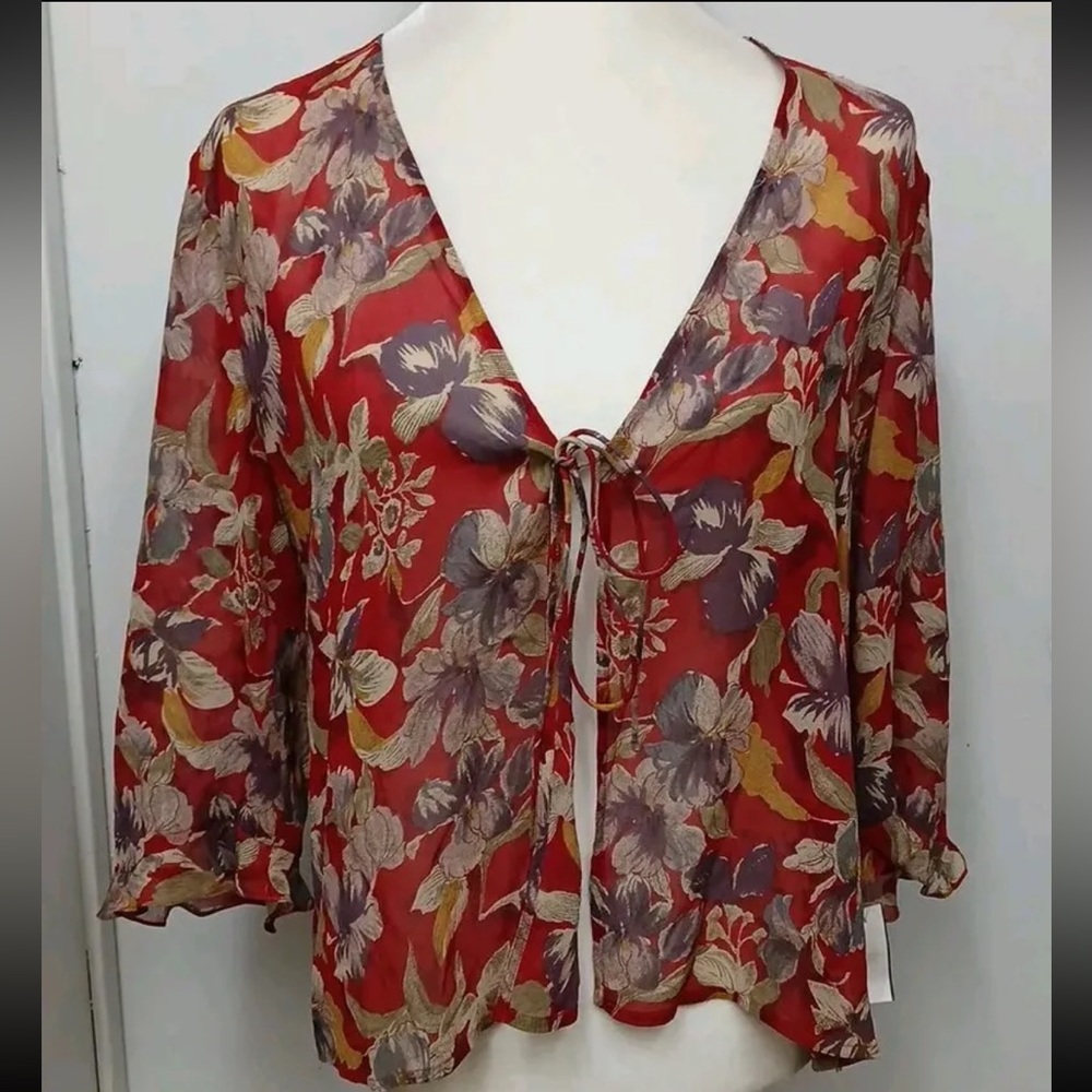 Adrianna Papell Silk Sheer Floral  Front Tie Cover-up Womens